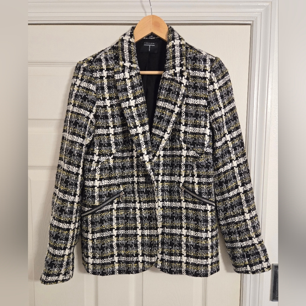 Tahari Plaid black white yellow twead blazer one button SIZE TAG MISSING